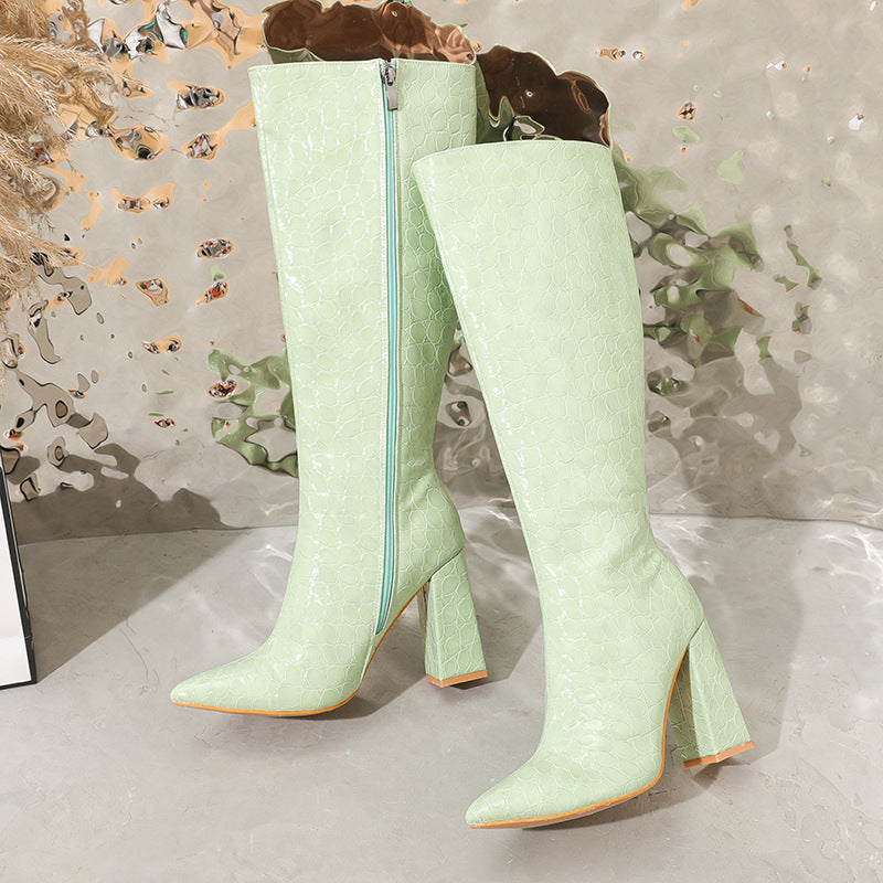 LADIES HIGH HEEL THICK HEEL BOOTS WITH ZIP LIGHT GREEN (SIZE 36 - 42) (SIZE 4 - 8)