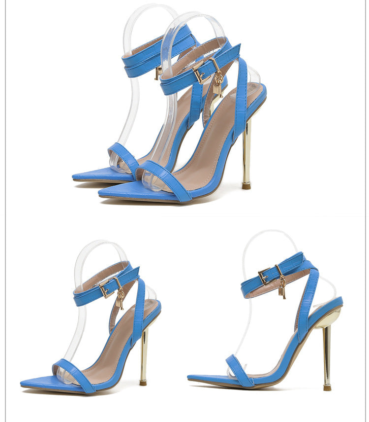LADIES HIGH HEELS STILETTO HEEL SANDALS WITH METAL LOCK BLUE (SIZE 35 - 42) (SIZE 3 - 8)