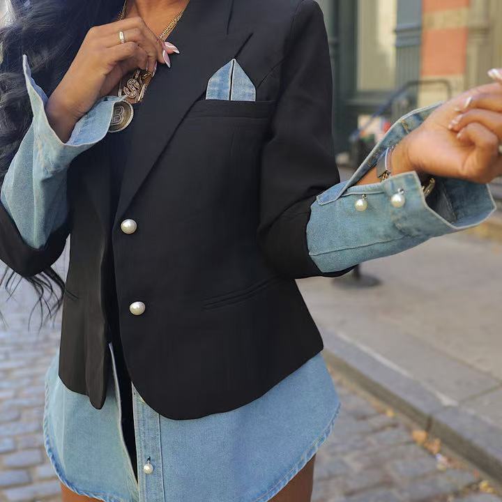 LADIES LONG SLEEVE DENIM BLAZER JACKET BLACK / WHITE (SIZE S - 2XL)