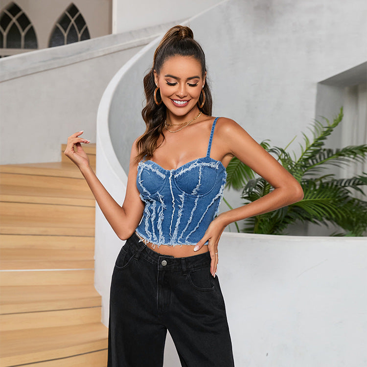 LADIES SLEEVELESS DENIM TOP BLUE DENIM (SIZE S - L)