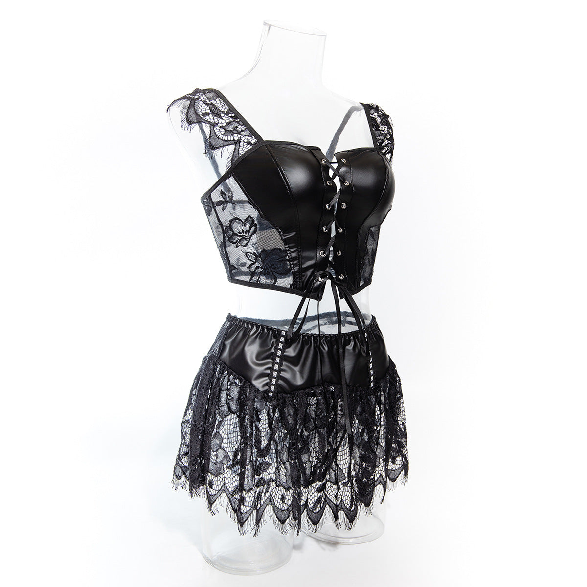 LADIES PU LEATHER LINGERIE SET BLACK (SIZE S - L)