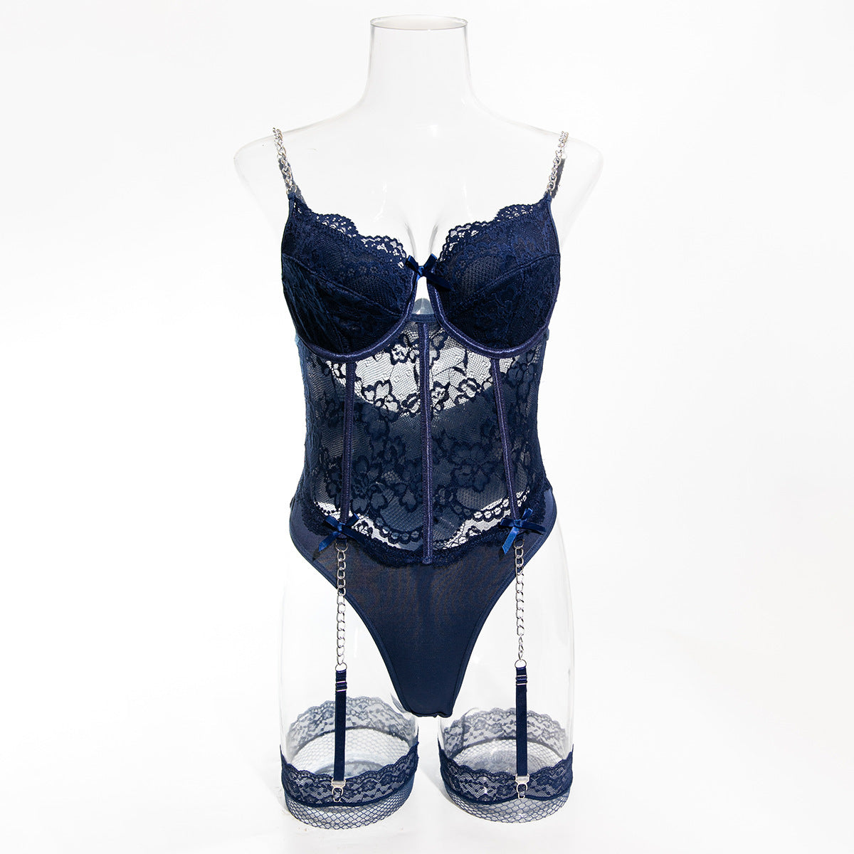 LADIES LACE METAL CHAIN BODYSUIT LINGERIE SET BLUE (SIZE S - L)