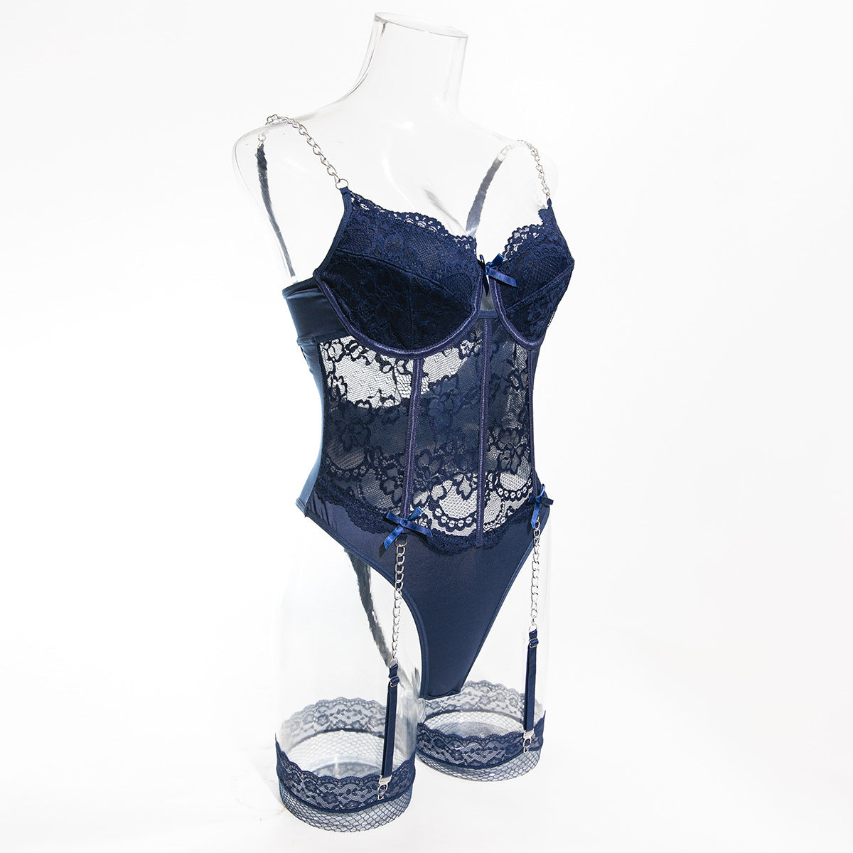 LADIES LACE METAL CHAIN BODYSUIT LINGERIE SET BLUE (SIZE S - L)