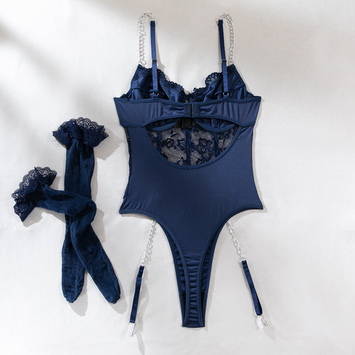 LADIES LACE METAL CHAIN BODYSUIT LINGERIE SET BLUE (SIZE S - L)