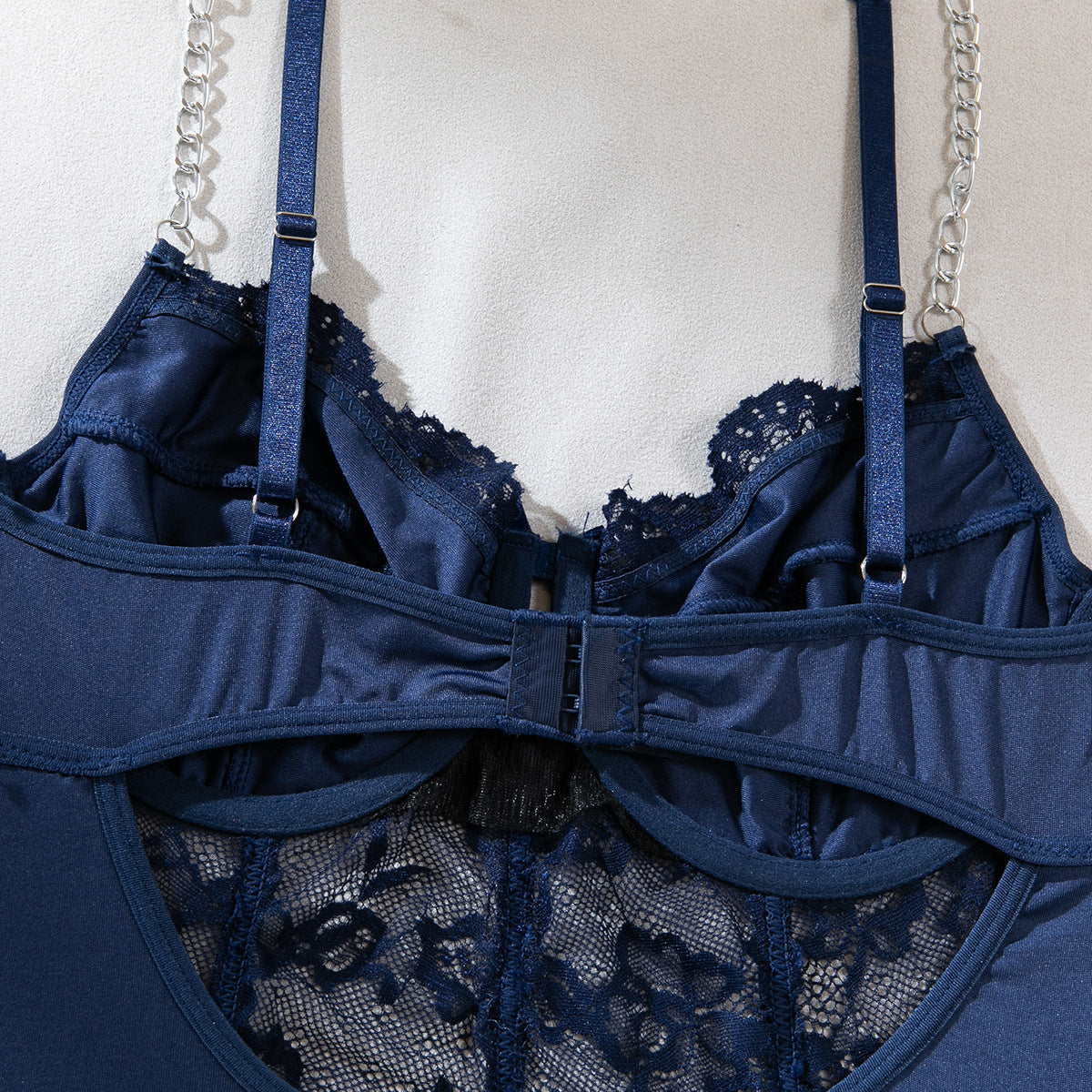 LADIES LACE METAL CHAIN BODYSUIT LINGERIE SET BLUE (SIZE S - L)