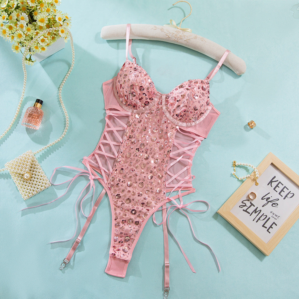 LADIES LACE UP SIDES BODYSUIT TEDDY LINGERIE SET PINK (SIZE S - L)