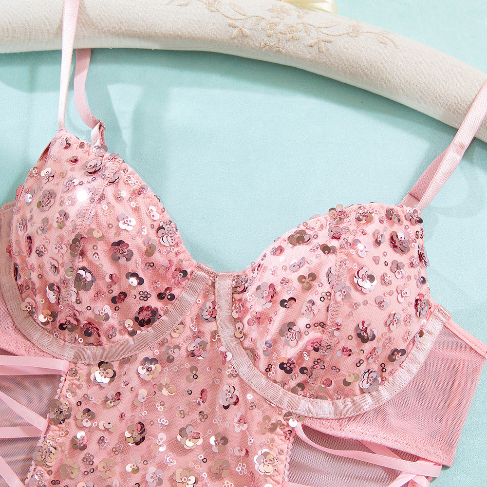 LADIES LACE UP SIDES BODYSUIT TEDDY LINGERIE SET PINK (SIZE S - L)