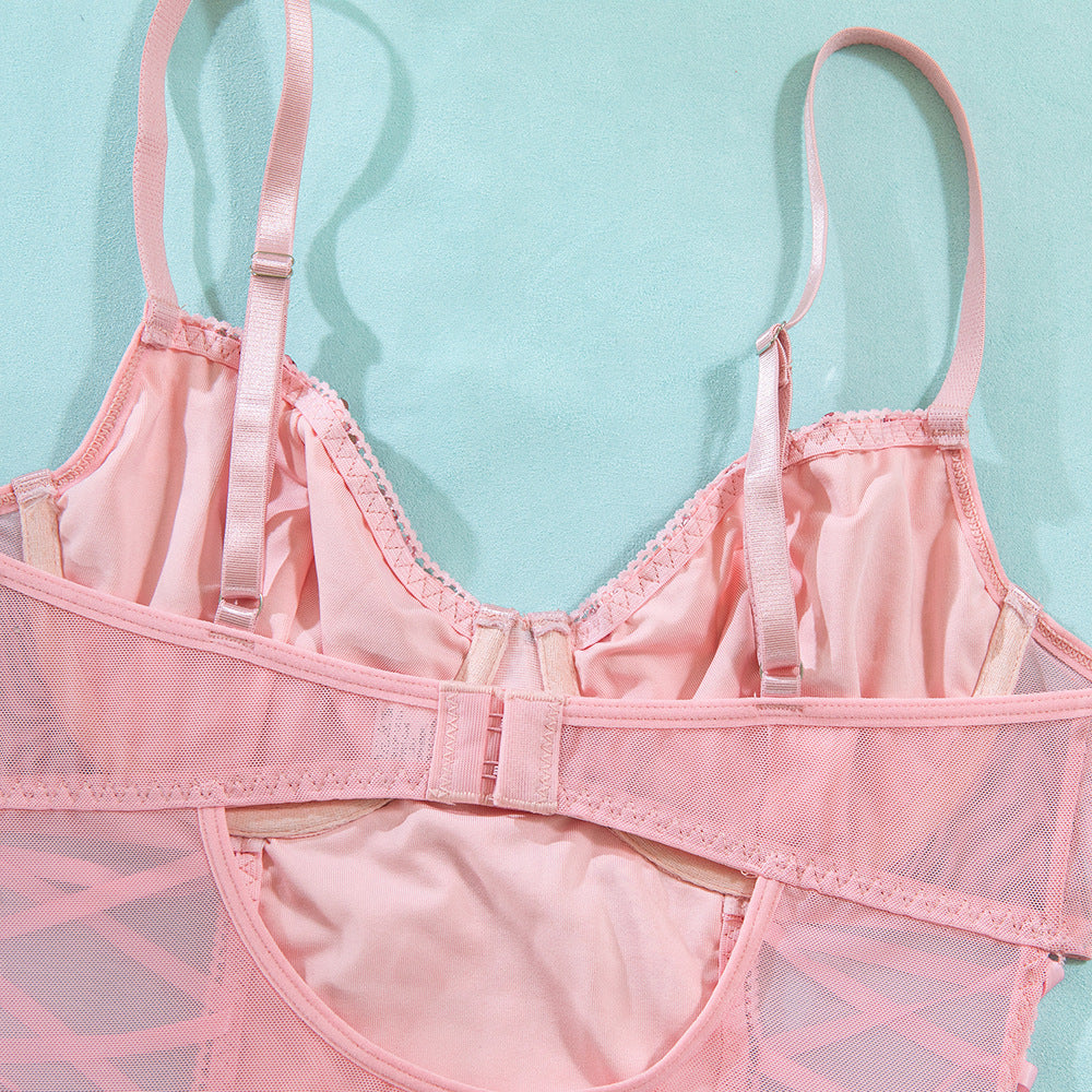 LADIES LACE UP SIDES BODYSUIT TEDDY LINGERIE SET PINK (SIZE S - L)