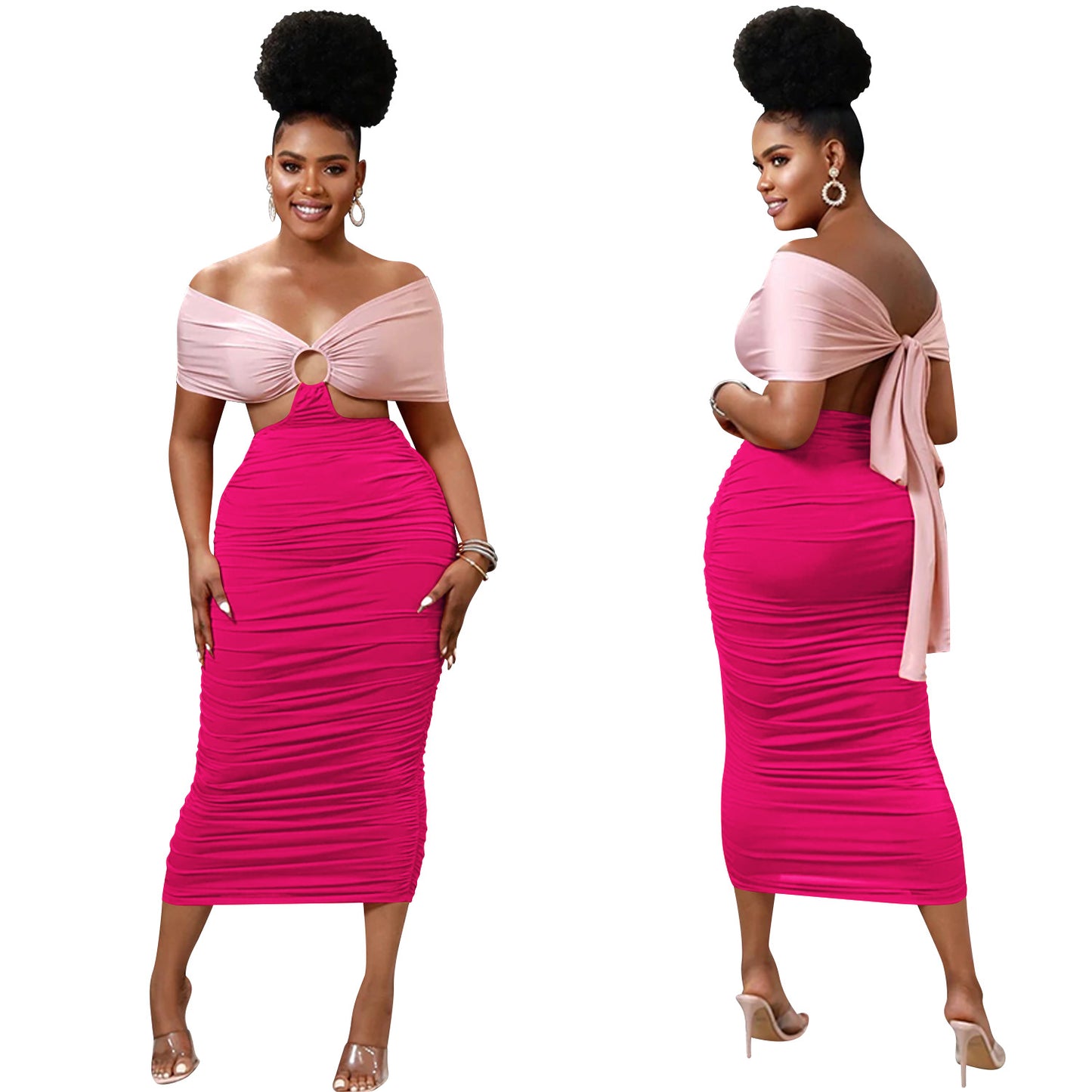 LADIES CUT OUT DRESS DARK PINK / ORANGE / YELLOW (SIZE S - 2XL)