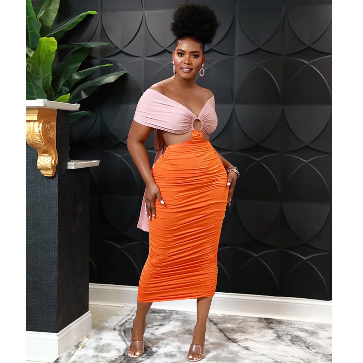 LADIES CUT OUT DRESS DARK PINK / ORANGE / YELLOW (SIZE S - 2XL)