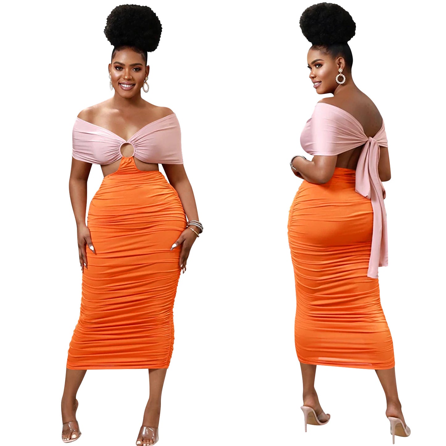 LADIES CUT OUT DRESS DARK PINK / ORANGE / YELLOW (SIZE S - 2XL)