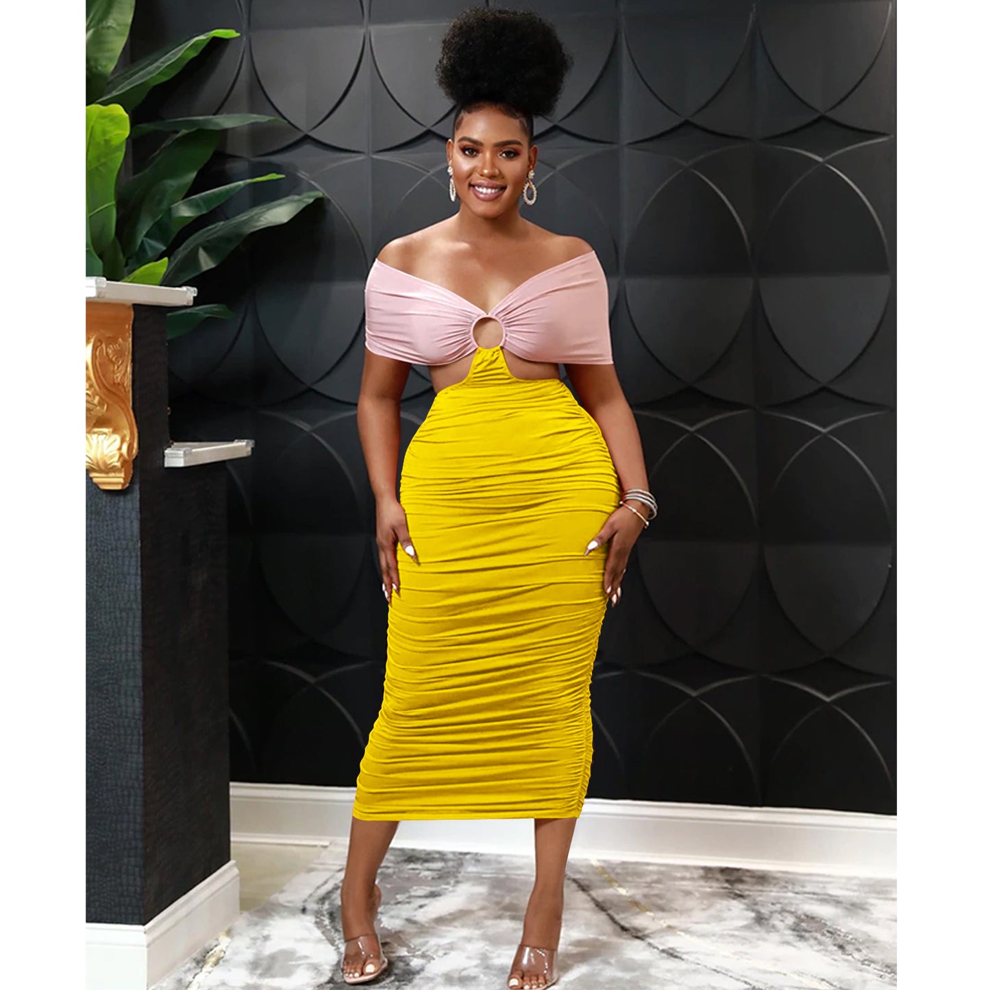LADIES CUT OUT DRESS DARK PINK / ORANGE / YELLOW (SIZE S - 2XL)