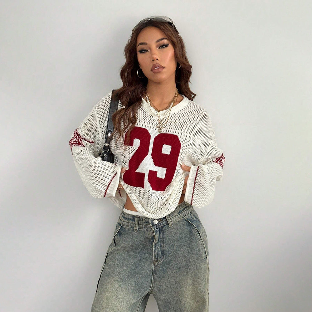 LADIES LONG SLEEVE KNITTED SWEATER TOP WHITE-RED / WHITE-BLACK (FREE SIZE / ONE SIZE FITS MOST)