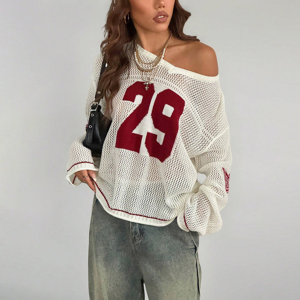 LADIES LONG SLEEVE KNITTED SWEATER TOP WHITE-RED / WHITE-BLACK (FREE SIZE / ONE SIZE FITS MOST)