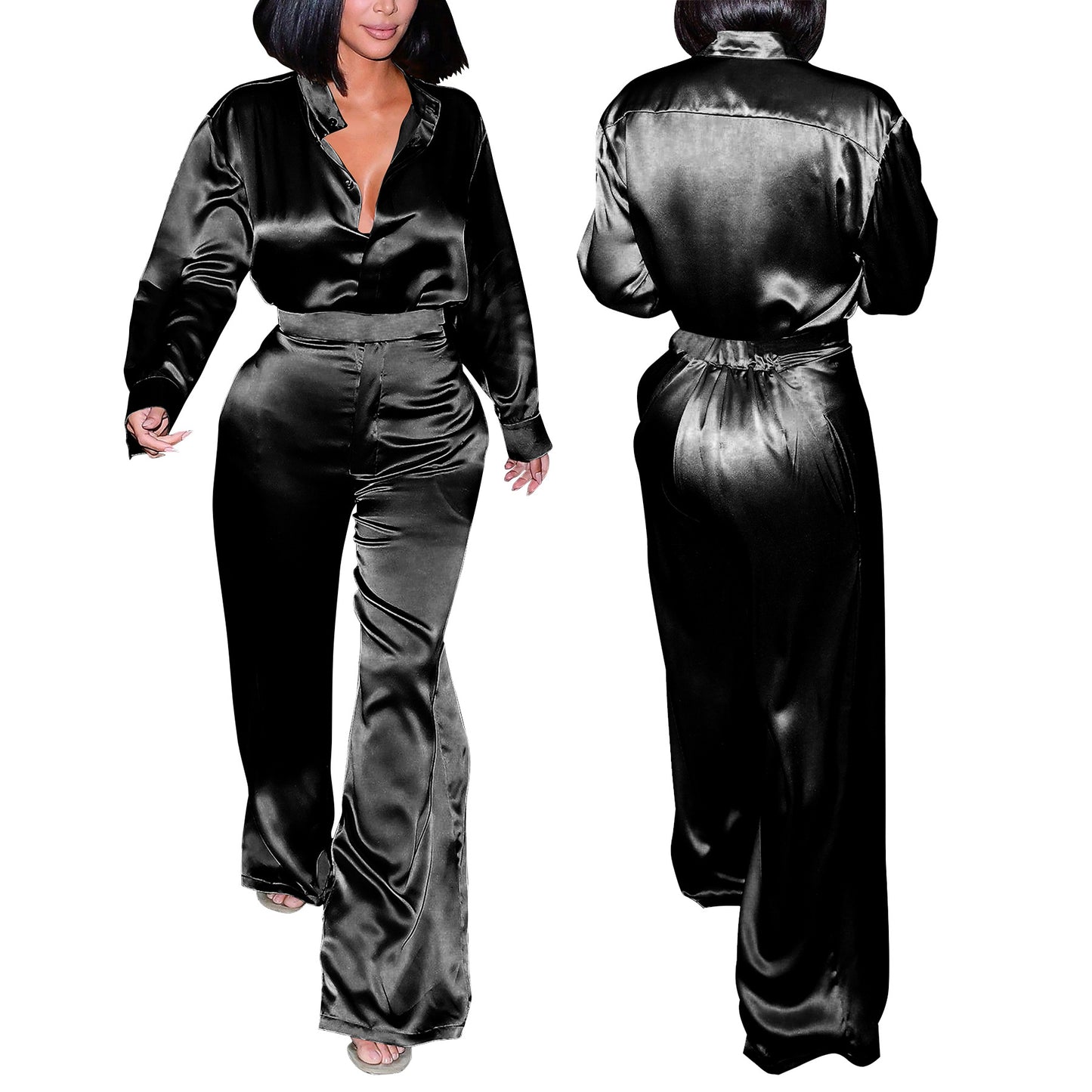 LADIES TWO PIECE LONG SLEEVE SHIRT & PANTS SET BLACK / GOLD CHAMPAGNE / PURPLE / DARK PINK / ORANGE / BLUE / DARK TURQUOISE GREEN (SIZE S - 2XL)