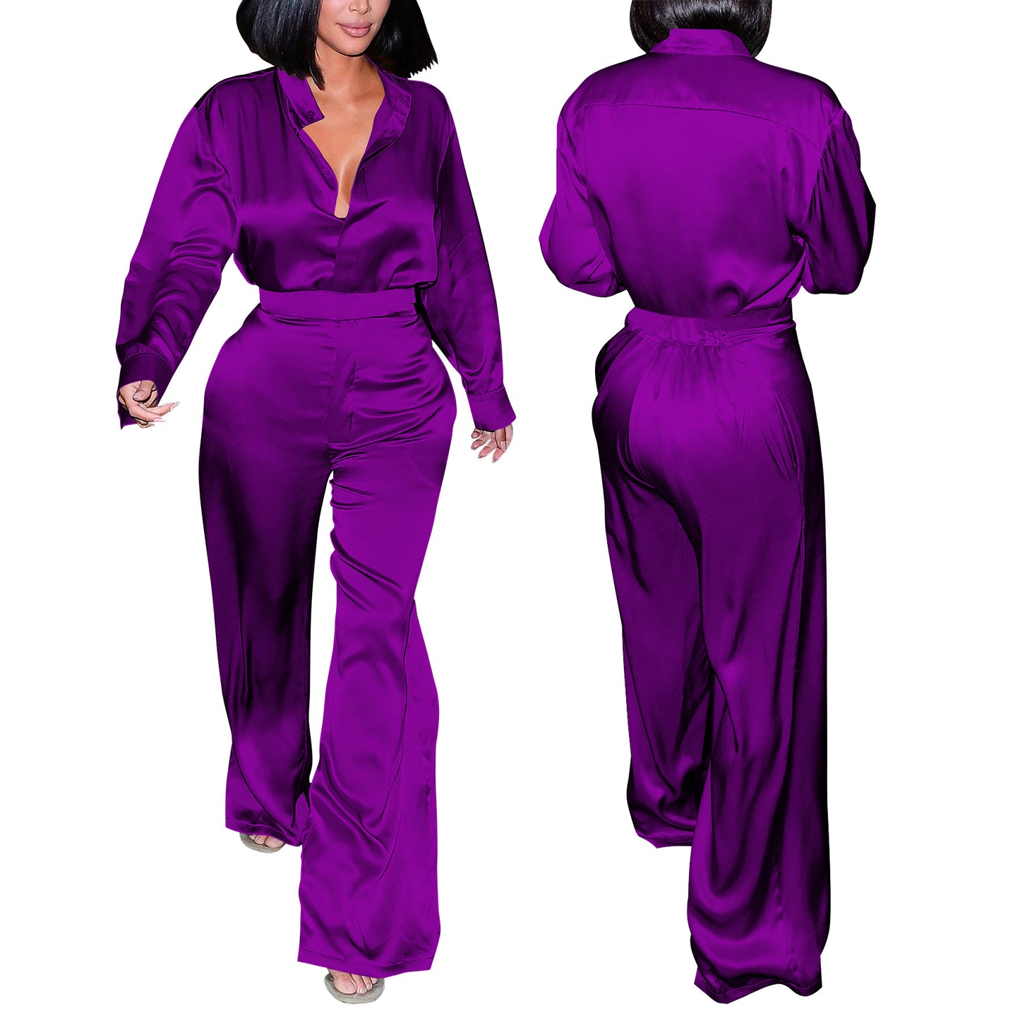 LADIES TWO PIECE LONG SLEEVE SHIRT & PANTS SET BLACK / GOLD CHAMPAGNE / PURPLE / DARK PINK / ORANGE / BLUE / DARK TURQUOISE GREEN (SIZE S - 2XL)