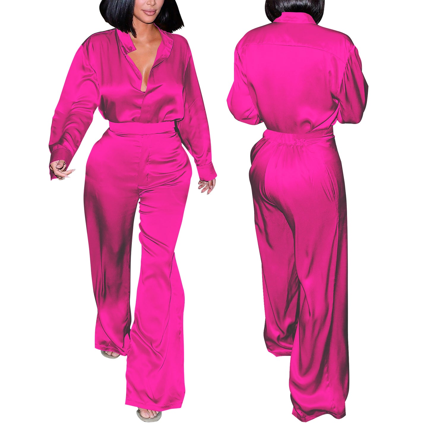 LADIES TWO PIECE LONG SLEEVE SHIRT & PANTS SET BLACK / GOLD CHAMPAGNE / PURPLE / DARK PINK / ORANGE / BLUE / DARK TURQUOISE GREEN (SIZE S - 2XL)