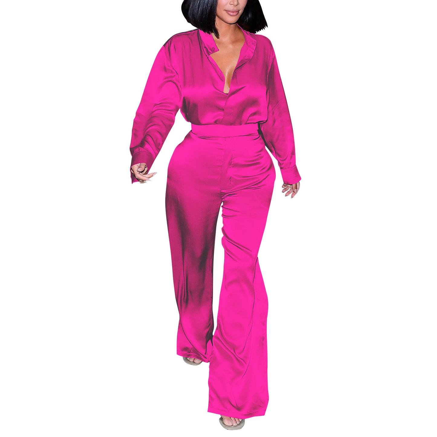 LADIES TWO PIECE LONG SLEEVE SHIRT & PANTS SET BLACK / GOLD CHAMPAGNE / PURPLE / DARK PINK / ORANGE / BLUE / DARK TURQUOISE GREEN (SIZE S - 2XL)