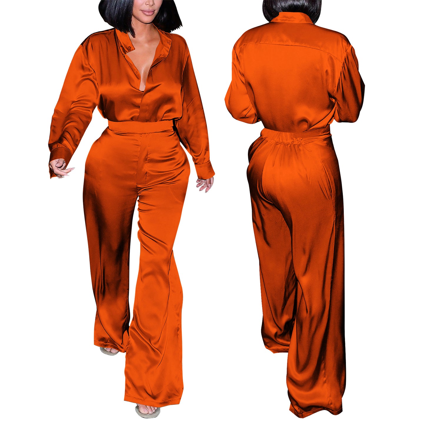 LADIES TWO PIECE LONG SLEEVE SHIRT & PANTS SET BLACK / GOLD CHAMPAGNE / PURPLE / DARK PINK / ORANGE / BLUE / DARK TURQUOISE GREEN (SIZE S - 2XL)