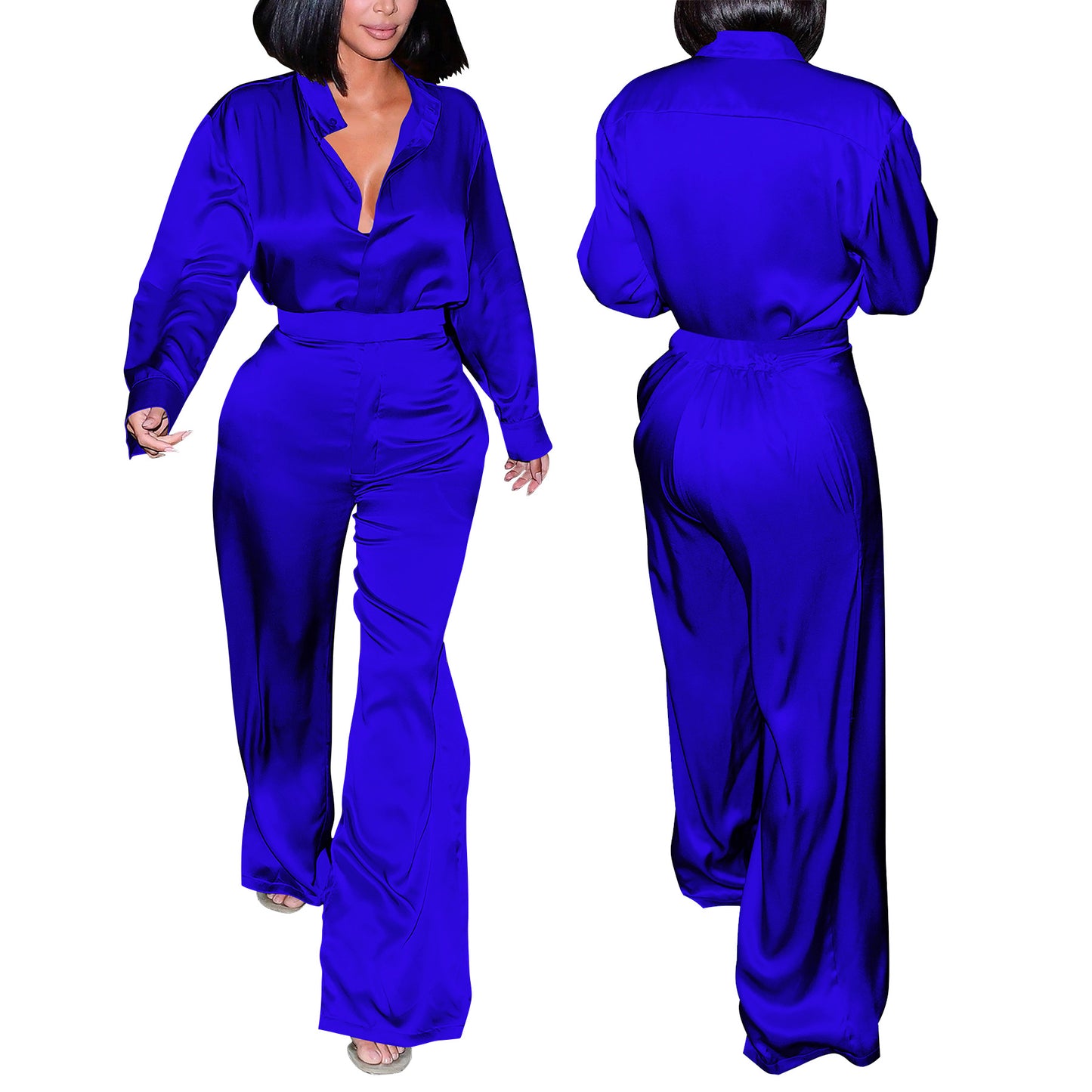 LADIES TWO PIECE LONG SLEEVE SHIRT & PANTS SET BLACK / GOLD CHAMPAGNE / PURPLE / DARK PINK / ORANGE / BLUE / DARK TURQUOISE GREEN (SIZE S - 2XL)