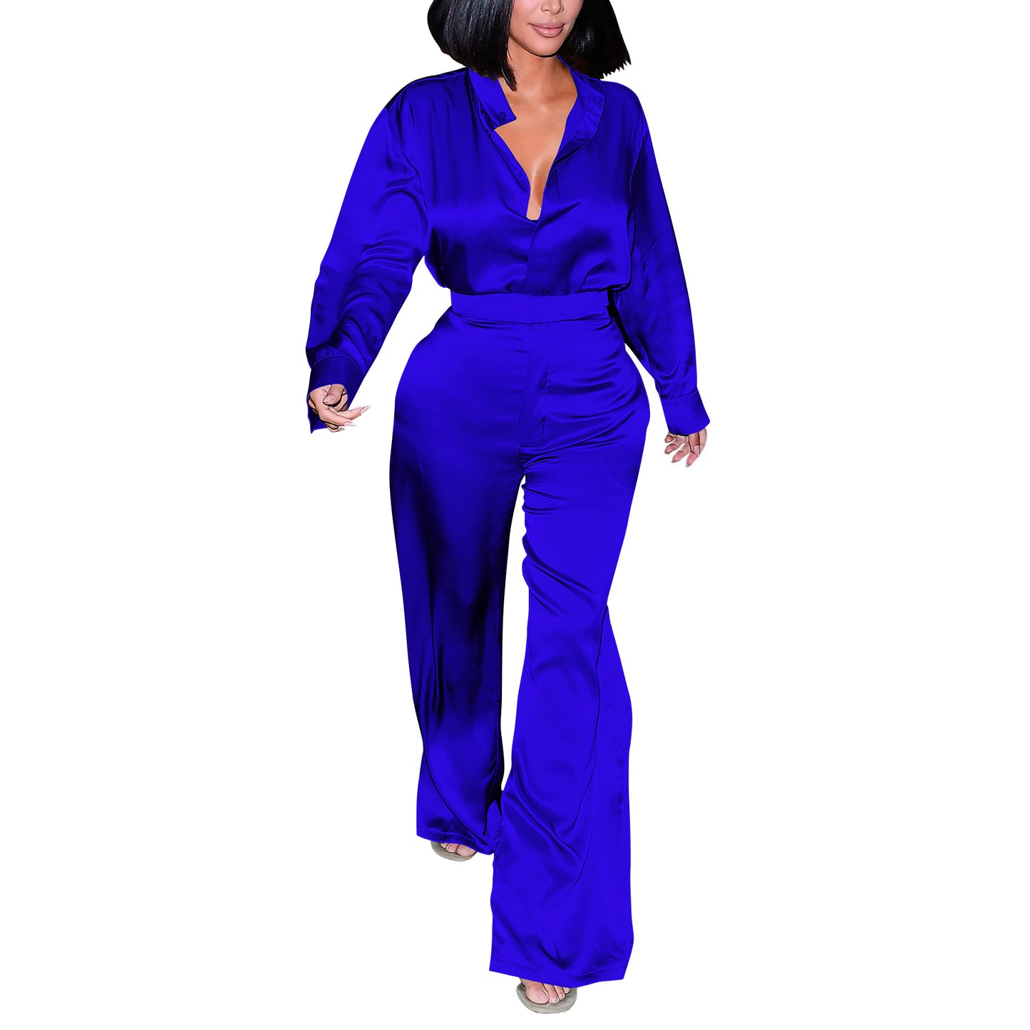 LADIES TWO PIECE LONG SLEEVE SHIRT & PANTS SET BLACK / GOLD CHAMPAGNE / PURPLE / DARK PINK / ORANGE / BLUE / DARK TURQUOISE GREEN (SIZE S - 2XL)