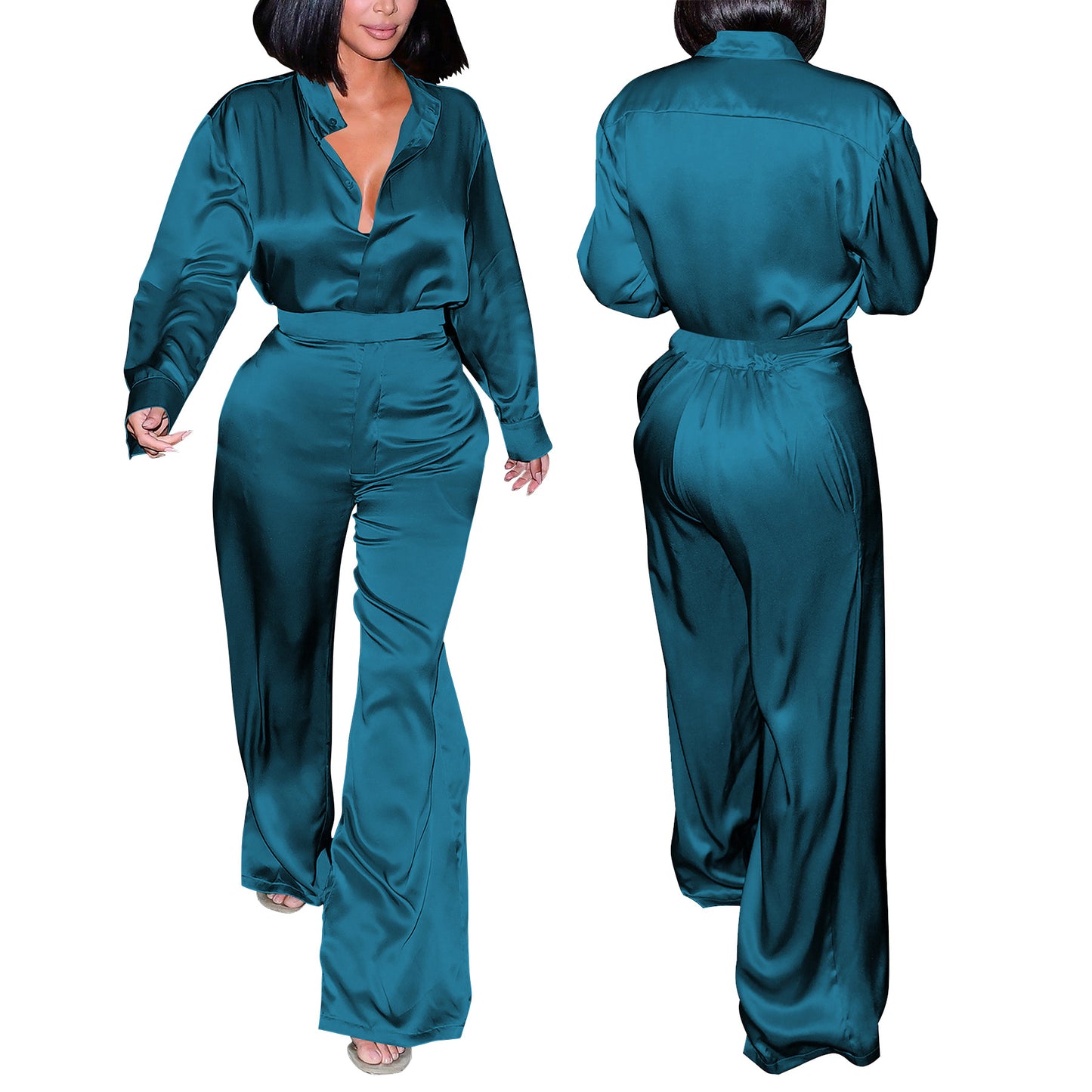 LADIES TWO PIECE LONG SLEEVE SHIRT & PANTS SET BLACK / GOLD CHAMPAGNE / PURPLE / DARK PINK / ORANGE / BLUE / DARK TURQUOISE GREEN (SIZE S - 2XL)