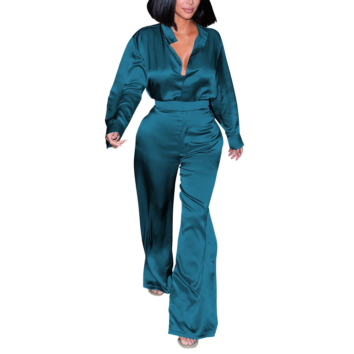 LADIES TWO PIECE LONG SLEEVE SHIRT & PANTS SET BLACK / GOLD CHAMPAGNE / PURPLE / DARK PINK / ORANGE / BLUE / DARK TURQUOISE GREEN (SIZE S - 2XL)