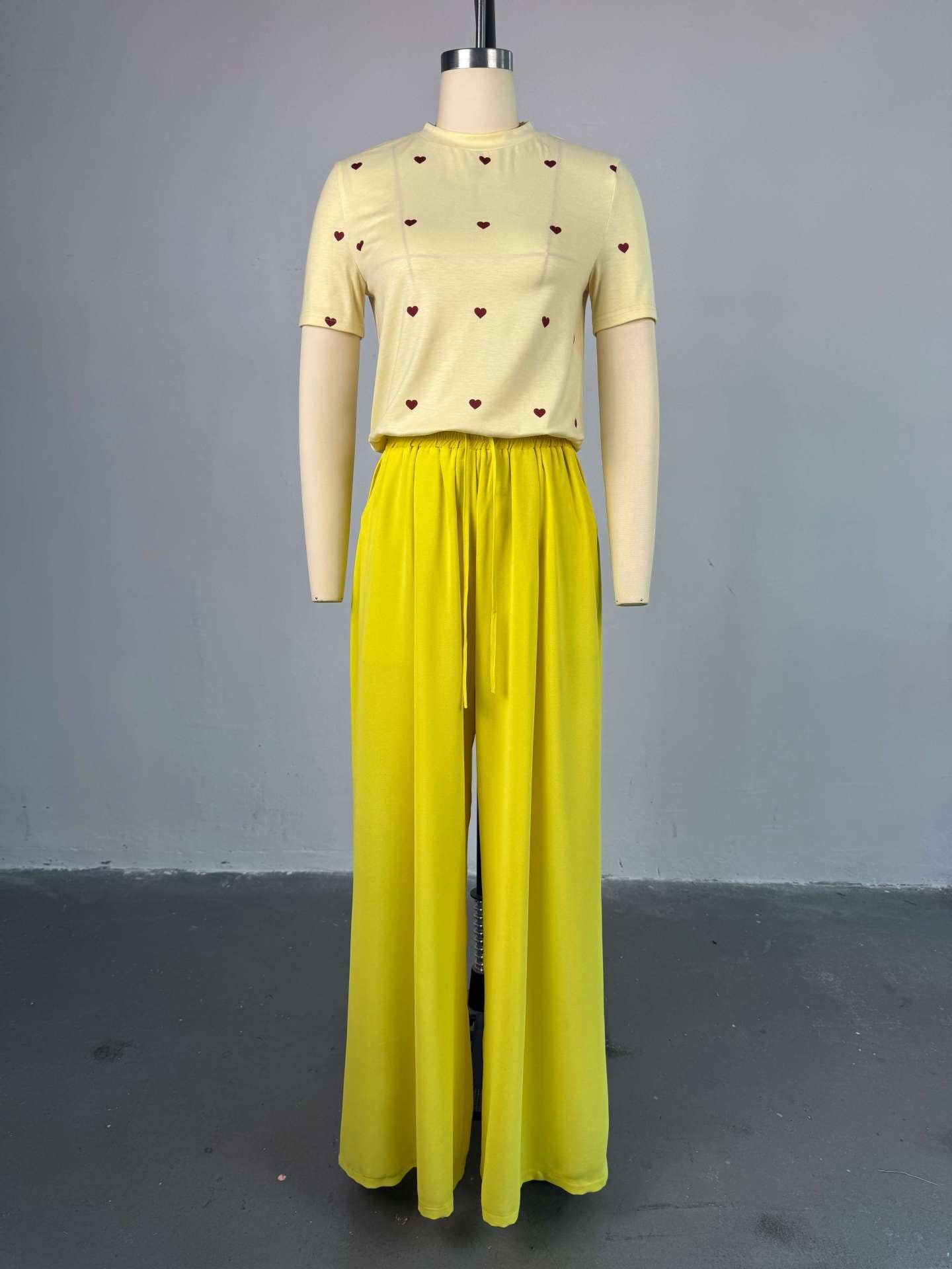 LADIES TWO PIECE SHORT SLEEVE TOP & WIDE LEG PANTS SET YELLOW / PINK (SIZE S - 2XL)