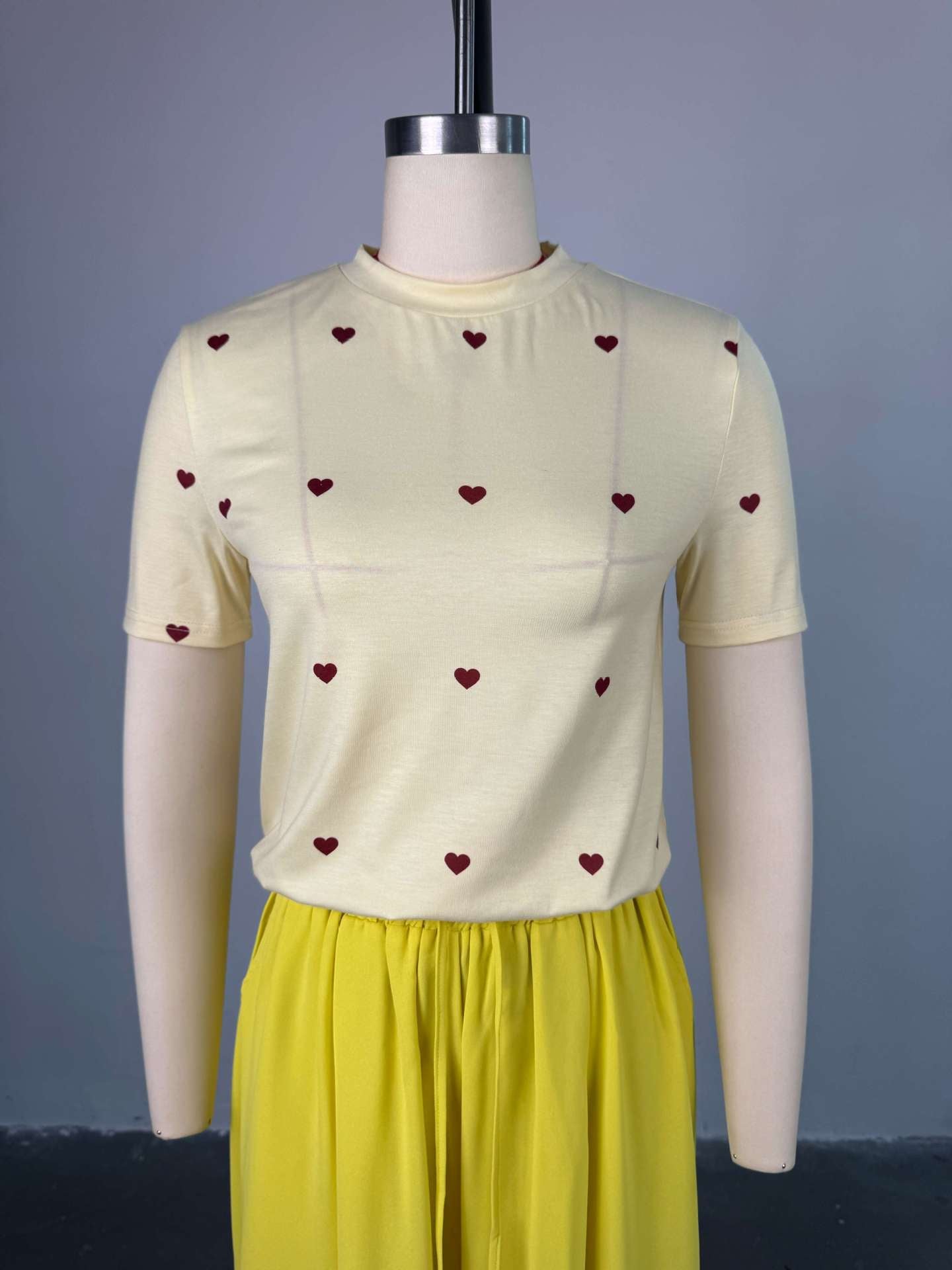 LADIES TWO PIECE SHORT SLEEVE TOP & WIDE LEG PANTS SET YELLOW / PINK (SIZE S - 2XL)