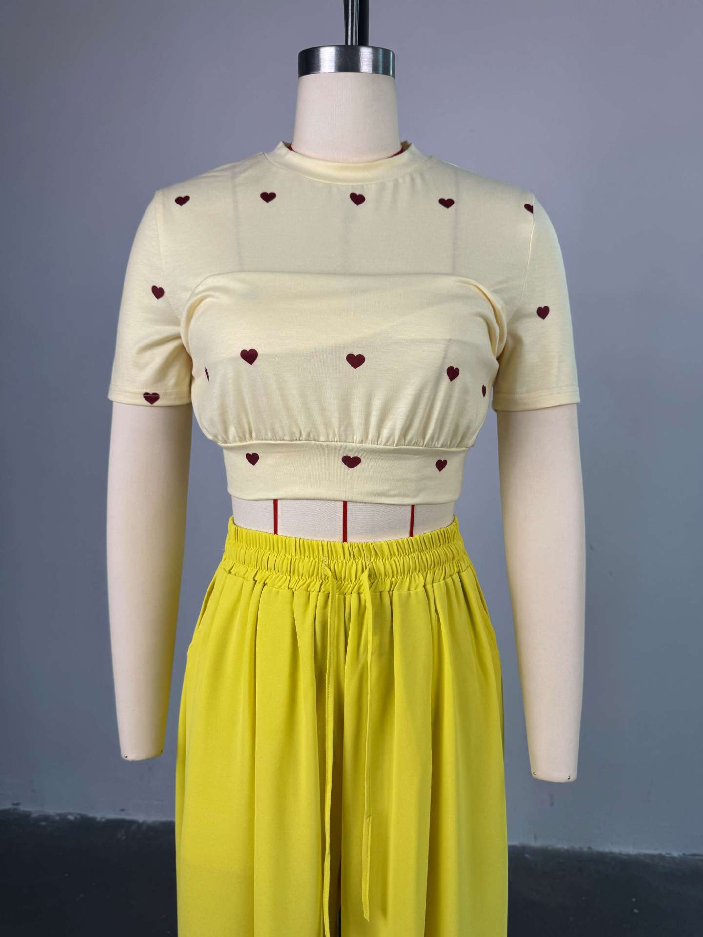 LADIES TWO PIECE SHORT SLEEVE TOP & WIDE LEG PANTS SET YELLOW / PINK (SIZE S - 2XL)