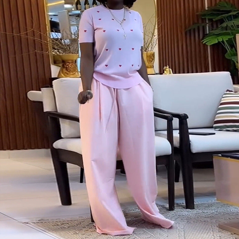 LADIES TWO PIECE SHORT SLEEVE TOP & WIDE LEG PANTS SET YELLOW / PINK (SIZE S - 2XL)