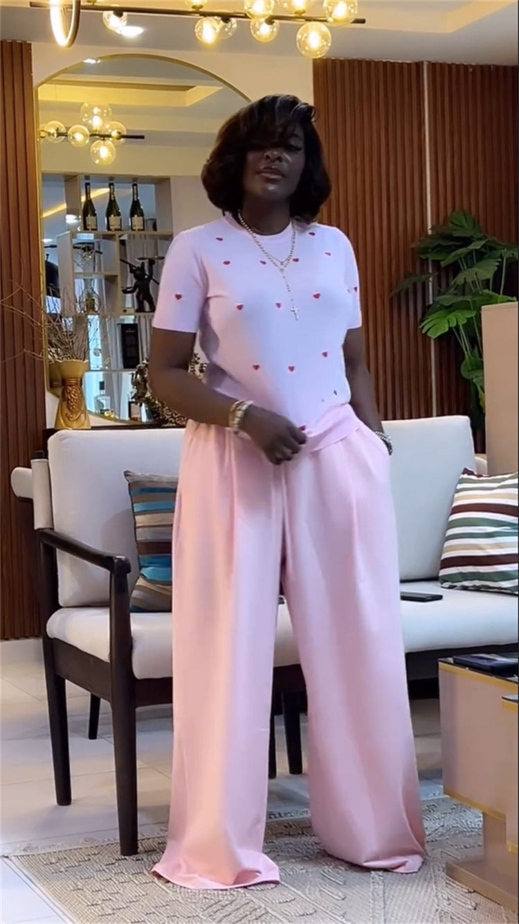 LADIES TWO PIECE SHORT SLEEVE TOP & WIDE LEG PANTS SET YELLOW / PINK (SIZE S - 2XL)