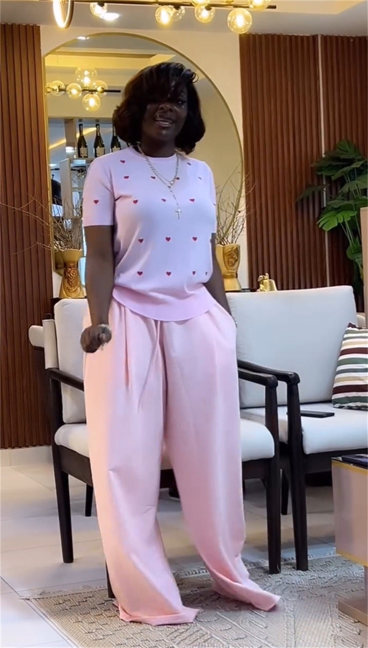 LADIES TWO PIECE SHORT SLEEVE TOP & WIDE LEG PANTS SET YELLOW / PINK (SIZE S - 2XL)