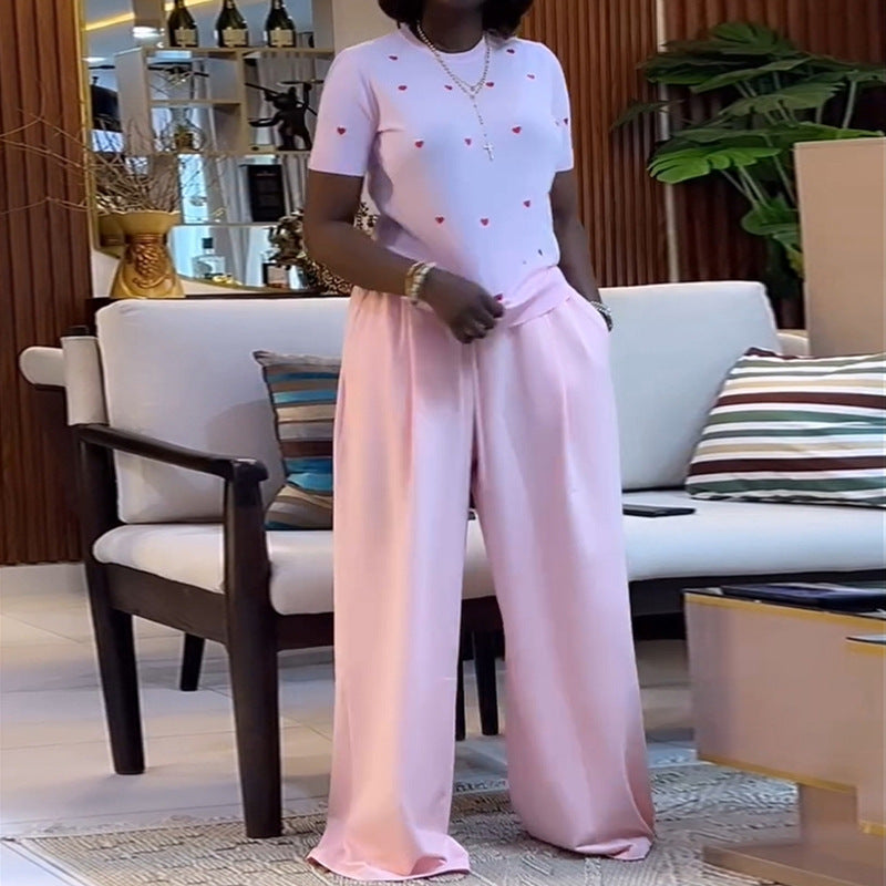 LADIES TWO PIECE SHORT SLEEVE TOP & WIDE LEG PANTS SET YELLOW / PINK (SIZE S - 2XL)