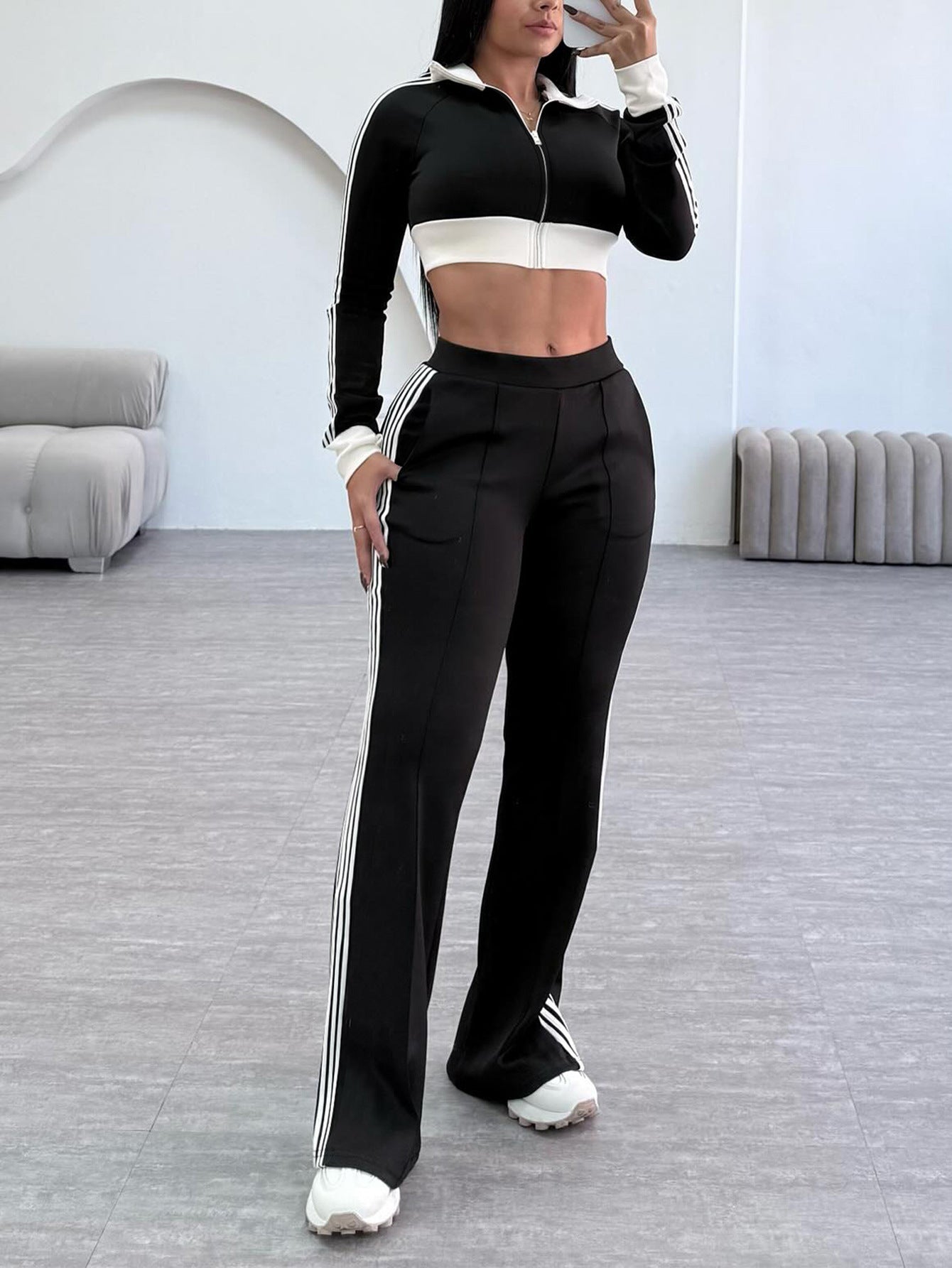 LADIES TWO PIECE LONG SLEEVE CROPPED JACKET WITH ZIPPER & TROUSERS PANTS SET BLACK & WHITE (SIZE S - 2XL)