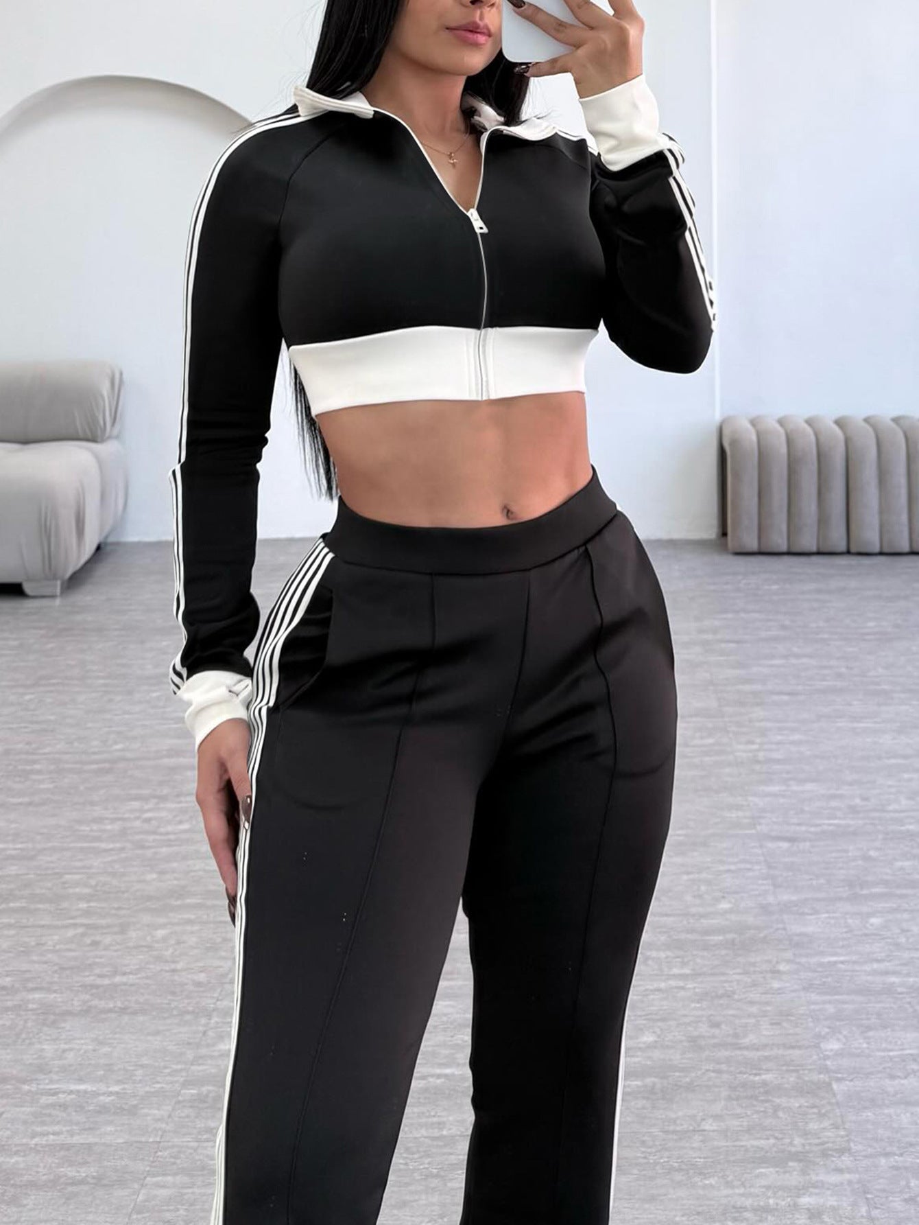 LADIES TWO PIECE LONG SLEEVE CROPPED JACKET WITH ZIPPER & TROUSERS PANTS SET BLACK & WHITE (SIZE S - 2XL)