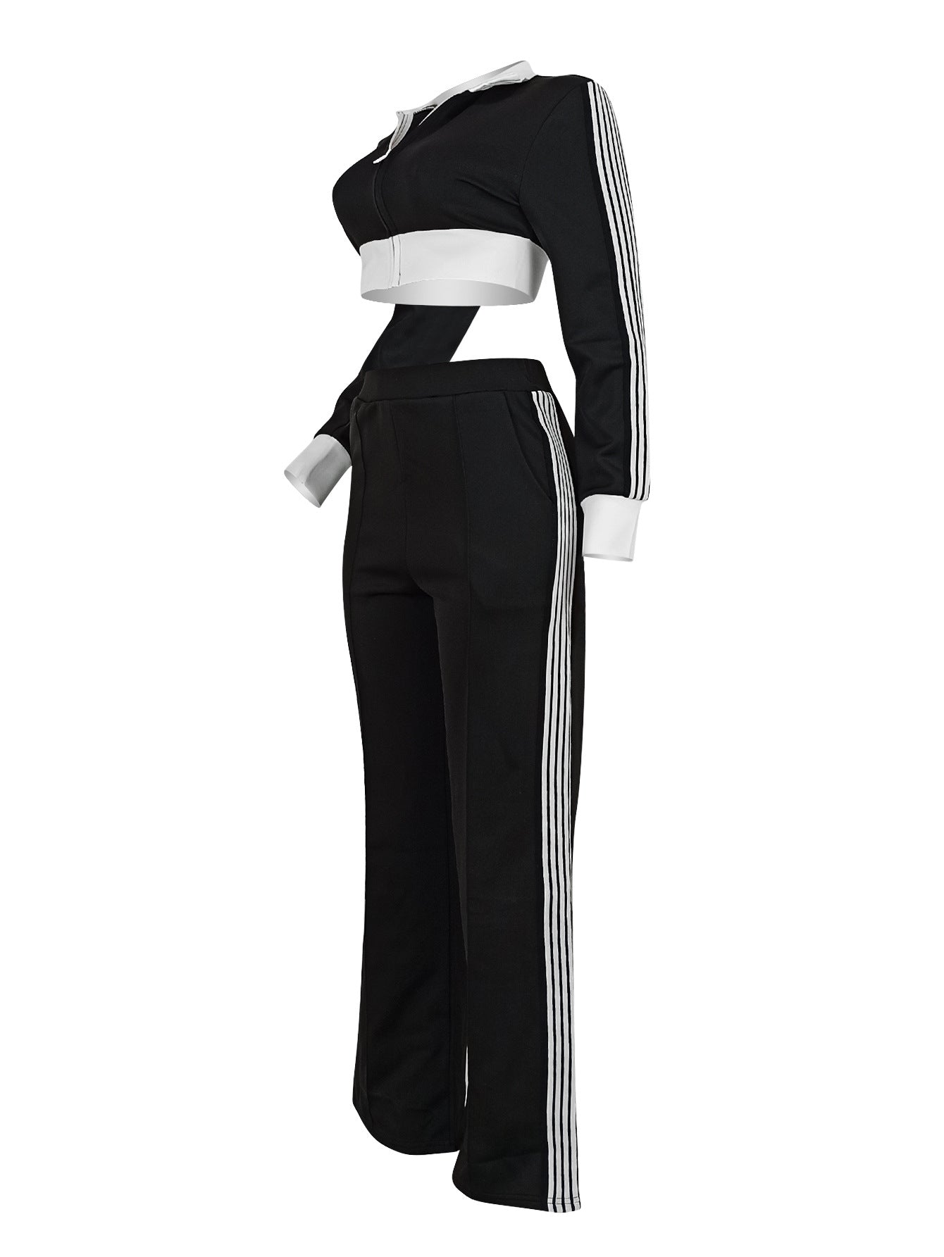LADIES TWO PIECE LONG SLEEVE CROPPED JACKET WITH ZIPPER & TROUSERS PANTS SET BLACK & WHITE (SIZE S - 2XL)