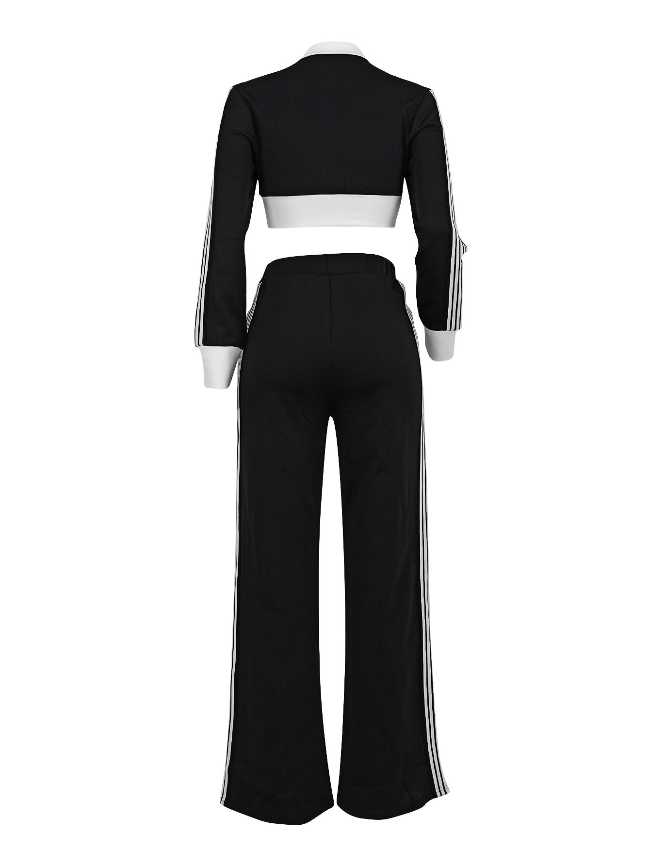 LADIES TWO PIECE LONG SLEEVE CROPPED JACKET WITH ZIPPER & TROUSERS PANTS SET BLACK & WHITE (SIZE S - 2XL)