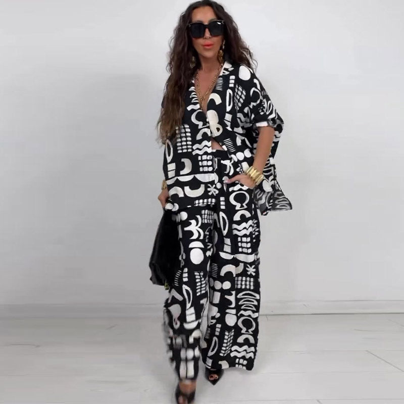 LADIES TWO PIECE SHIRT & PANTS SET BLACK & WHITE (SIZE XS - 3XL)