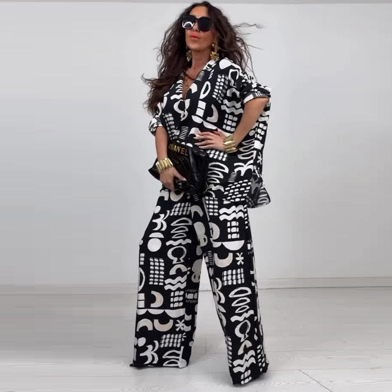 LADIES TWO PIECE SHIRT & PANTS SET BLACK & WHITE (SIZE XS - 3XL)