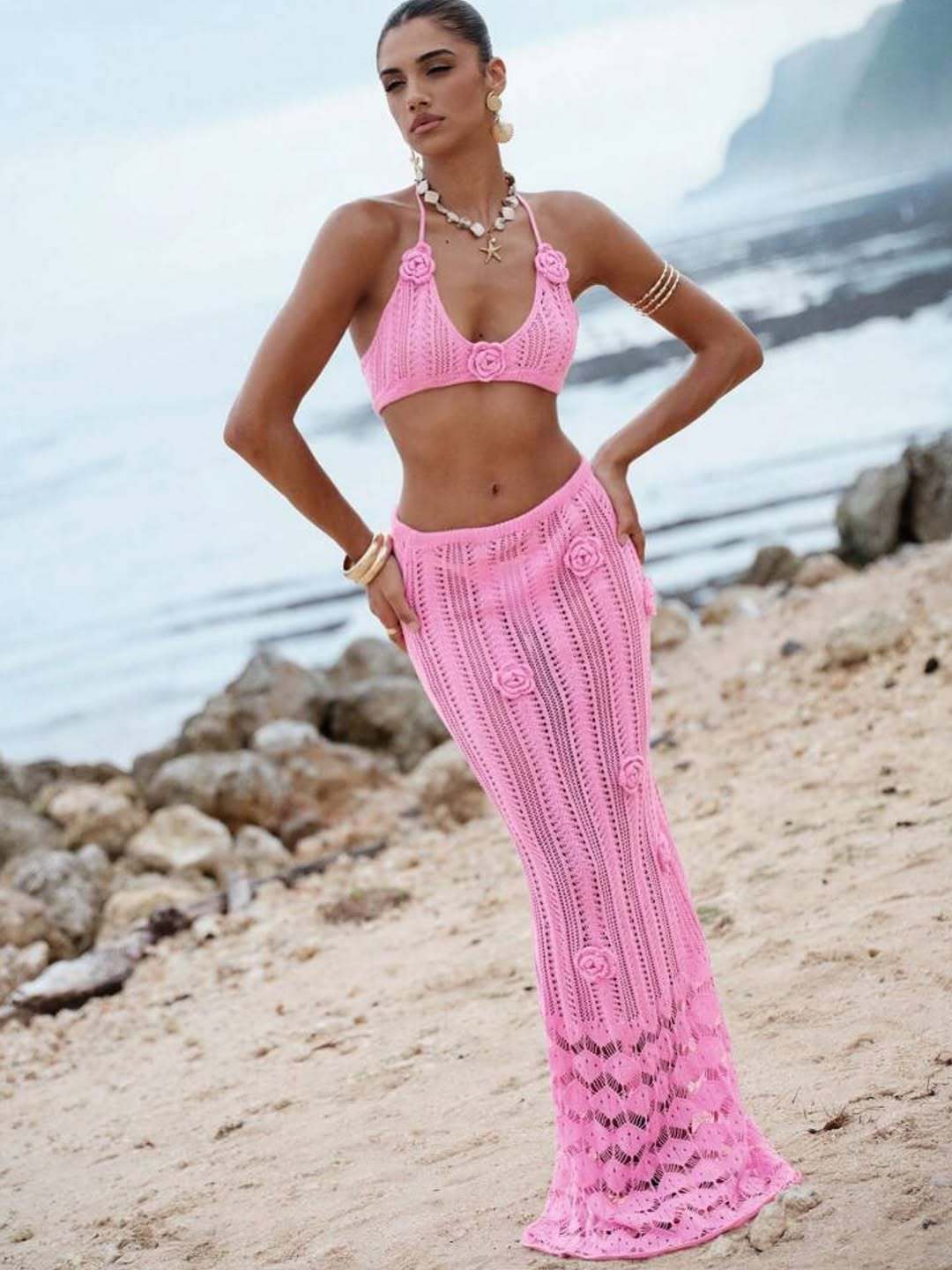 LADIES TWO PIECE KNITTED BEACHWEAR TOP & SKIRT SET APRICOT-BEIGE / PINK / WHITE (SIZE S - XL)