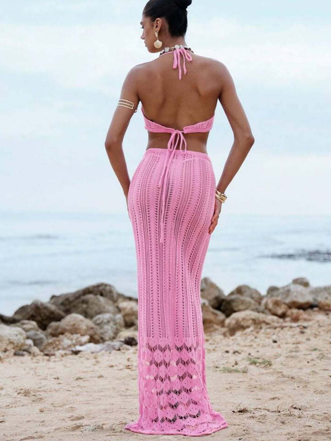 LADIES TWO PIECE KNITTED BEACHWEAR TOP & SKIRT SET APRICOT-BEIGE / PINK / WHITE (SIZE S - XL)
