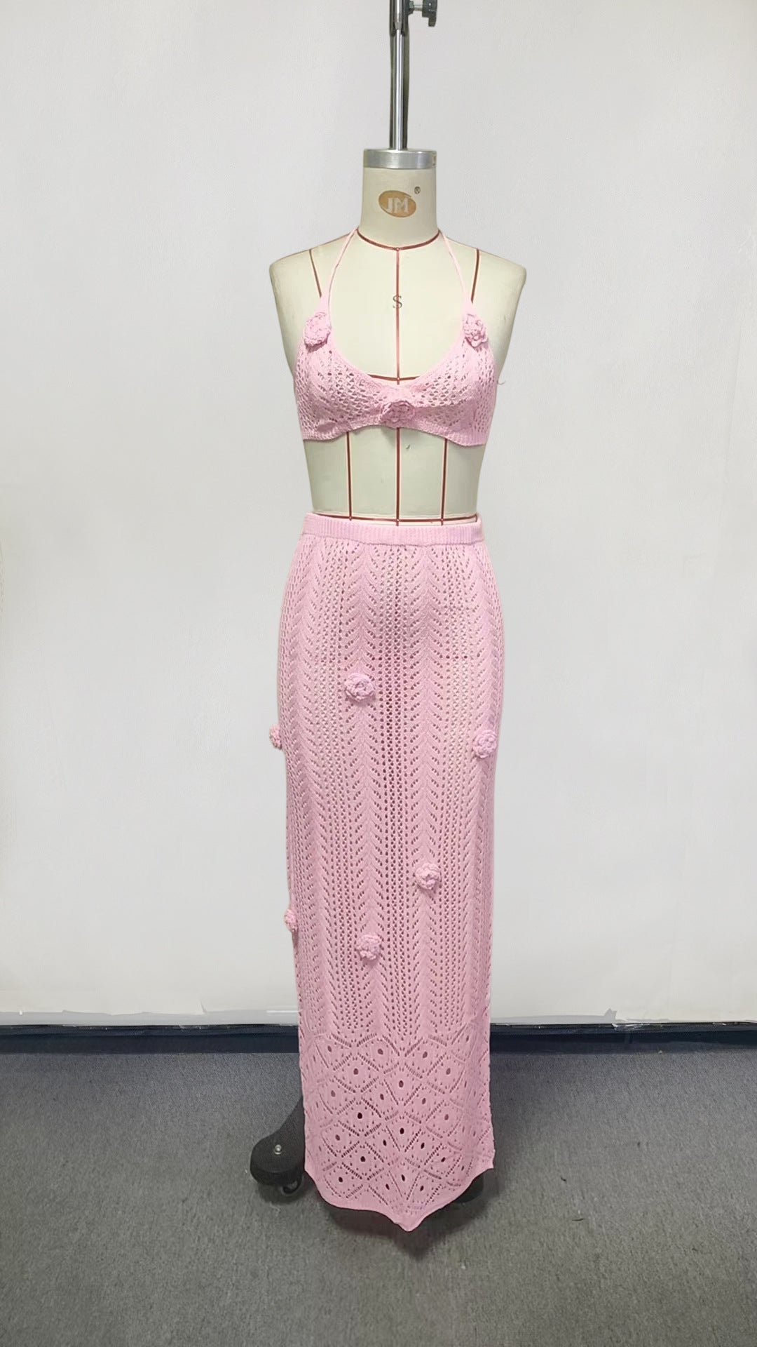 LADIES TWO PIECE KNITTED BEACHWEAR TOP & SKIRT SET APRICOT-BEIGE / PINK / WHITE (SIZE S - XL)