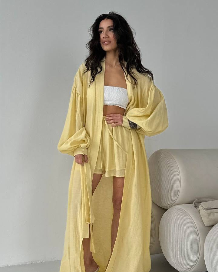 LADIES TWO PIECE CARDIGAN & SHORTS SET BLUE / YELLOW / OFF-WHITE / KHAKI (SIZE S - 2XL)