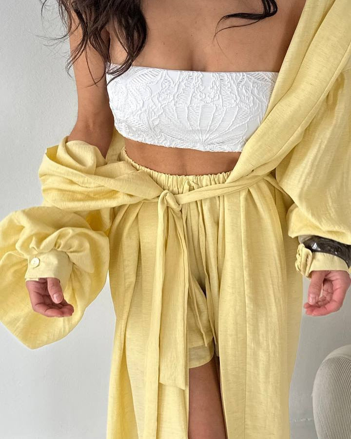 LADIES TWO PIECE CARDIGAN & SHORTS SET BLUE / YELLOW / OFF-WHITE / KHAKI (SIZE S - 2XL)