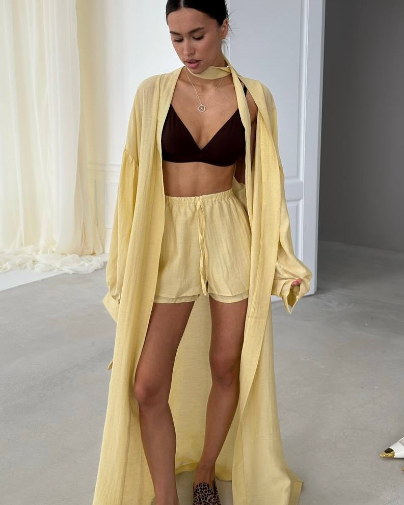 LADIES TWO PIECE CARDIGAN & SHORTS SET BLUE / YELLOW / OFF-WHITE / KHAKI (SIZE S - 2XL)