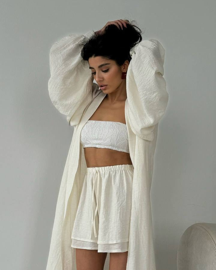 LADIES TWO PIECE CARDIGAN & SHORTS SET BLUE / YELLOW / OFF-WHITE / KHAKI (SIZE S - 2XL)