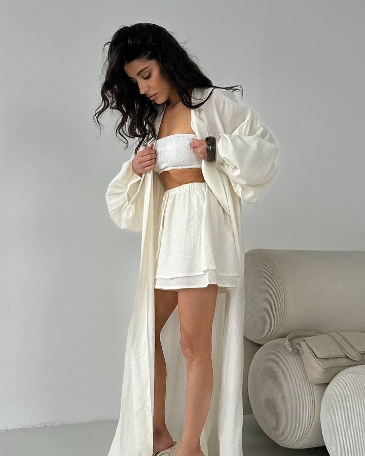 LADIES TWO PIECE CARDIGAN & SHORTS SET BLUE / YELLOW / OFF-WHITE / KHAKI (SIZE S - 2XL)