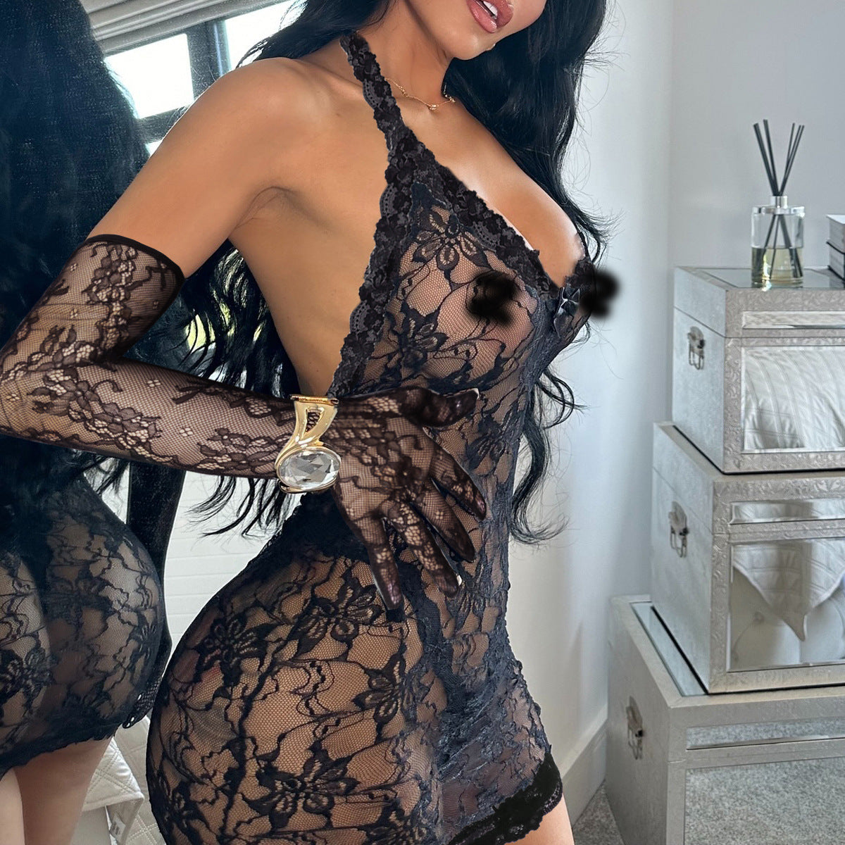 LADIES BLACK V-NECK LACE LINGERIE DRESS WITH MATCHING LACE GLOVES BLACK (SIZE S - L)