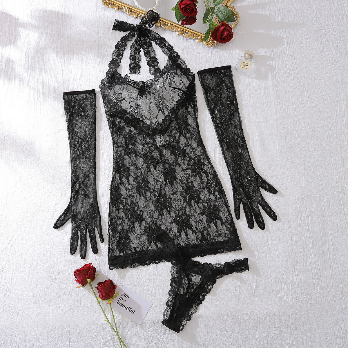 LADIES BLACK V-NECK LACE LINGERIE DRESS WITH MATCHING LACE GLOVES BLACK (SIZE S - L)